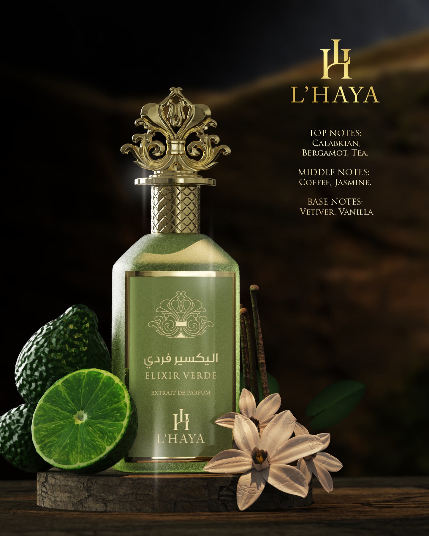 L'HAYA ELIXIR VERDE Extrait De Parfum Luxury Fragrance 100ml 3.4 oz Gold Crown