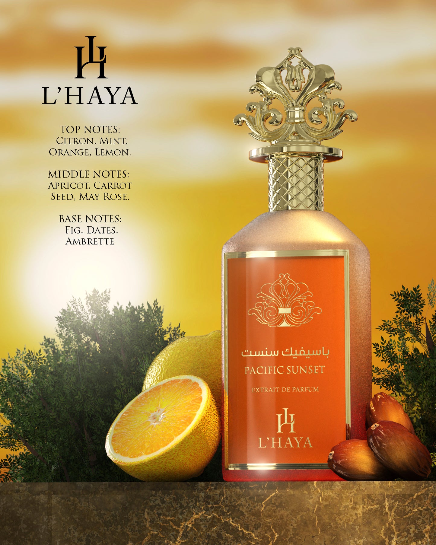 L'HAYA PACIFIC SUNSET Extrait Parfum Luxury Fragrance 100ml 3.4 oz Gold Crown