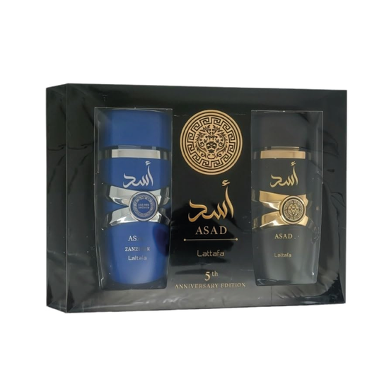 Lattafa Asad – Set de regalo de 2 piezas (EDP 100 ml + Asad Zanzibar EDP 100 ml)